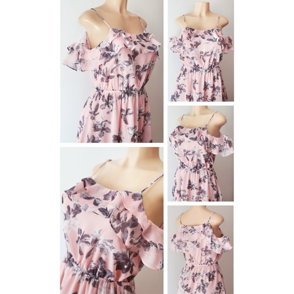 Pink Floral Ruffle Cold Shoulder Chiffon Dress - Picture 3 of 8
